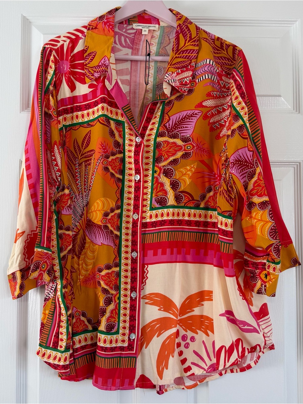 NWT Christian Siriano Vibrant Tropical Orange Pink Cream Floral Top Size 2X